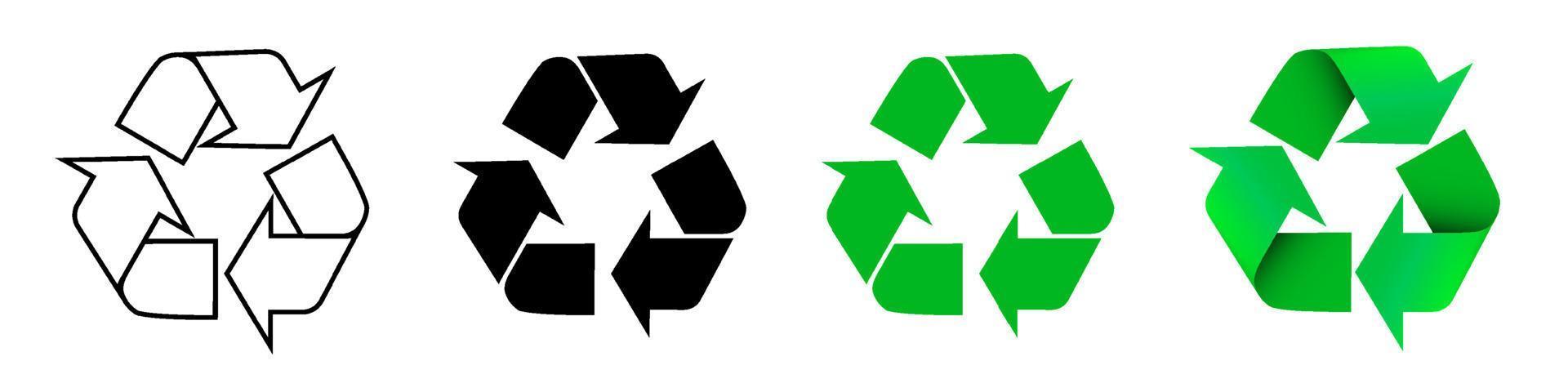 conjunto de señales de flecha para reciclar residuos, materias primas usadas. preocupación por el medio ambiente. tecnologías modernas verdes. vector aislado sobre fondo blanco
