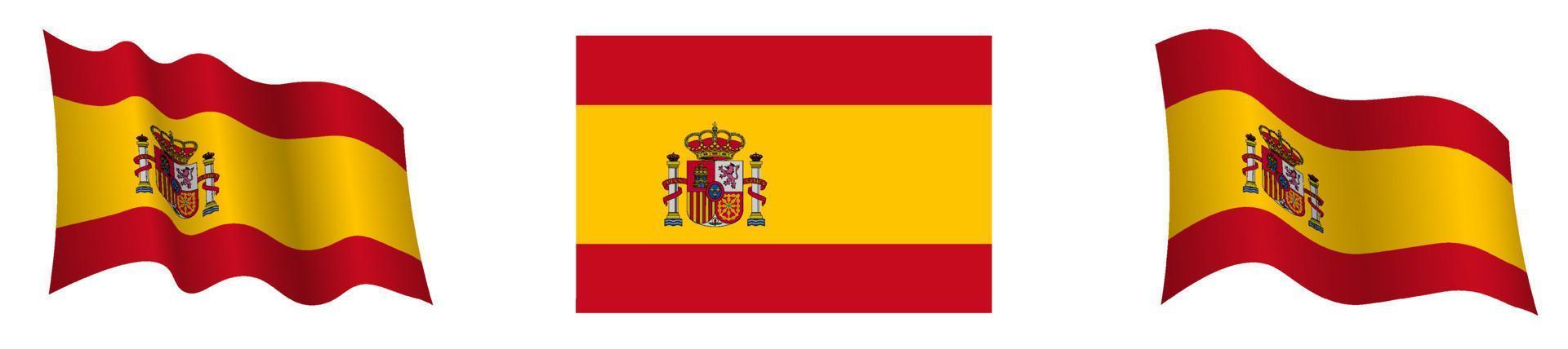 Spain flag in static position and in motion, developing in wind in exact colors and sizes, on white background vector