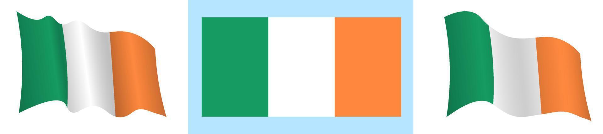 bandera de irlanda en posición estática y en movimiento, desarrollándose en el viento en colores y tamaños exactos, sobre fondo blanco vector