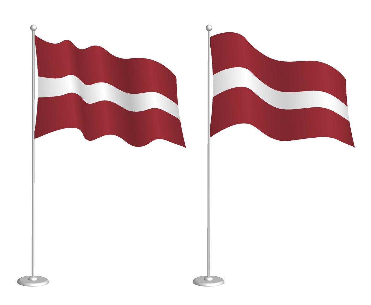 flag of Latvia on flagpole waving in the wind. Holiday design element. Checkpoint for map symbols. Isolated vector on white background