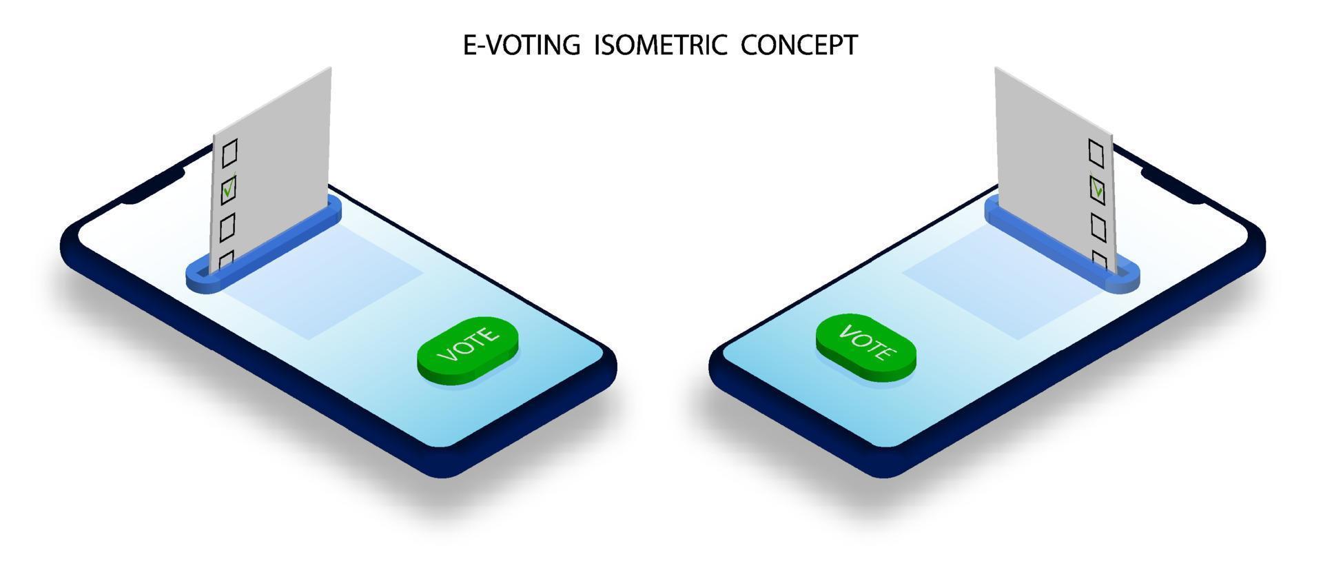 Smartphone with voting sheet and selection button on screen. Online e-voting isometric concept. American Presidential Election 2020. Vector