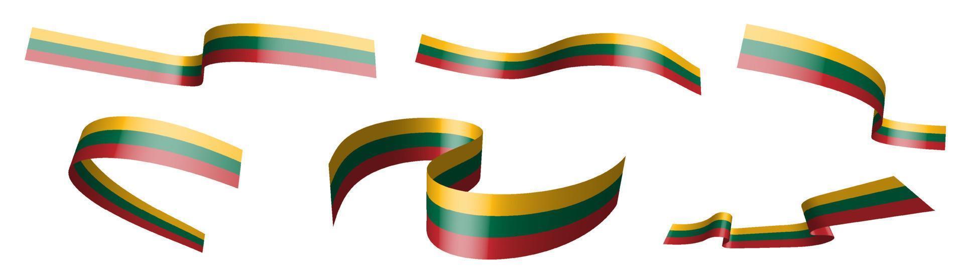 Set of holiday ribbons. Lithuania flag waving in wind. Separation into lower and upper layers. Design element. Vector on white background