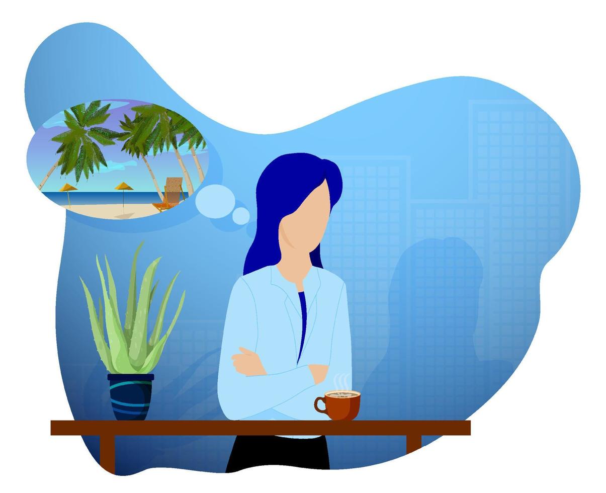 young girl with mug of cocoa at table recalls her summer sea vacation. Memories of summer vacations. Depressed autumn mood, depression. Vector