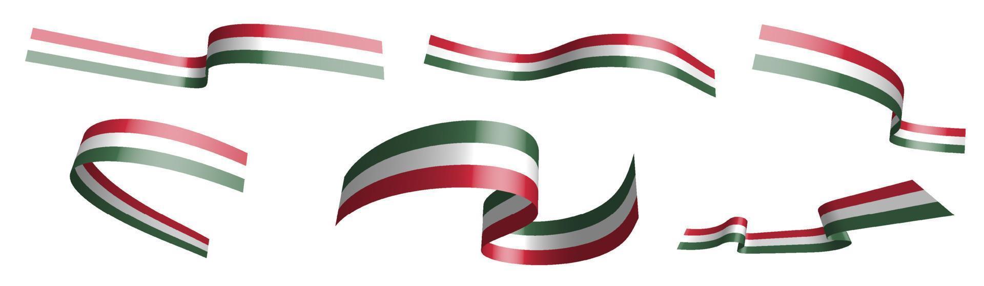 Set of holiday ribbons. Flag of hungary waving in wind. Separation into lower and upper layers. Design element. Vector on white background