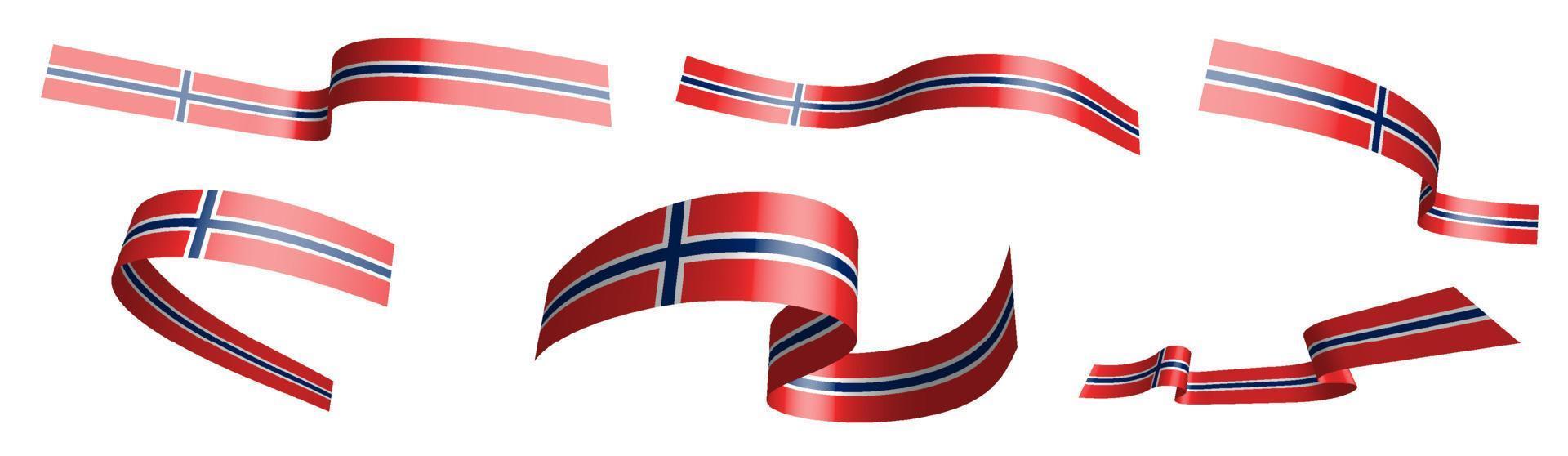 Set of holiday ribbons. Norway flag waving in wind. Separation into lower and upper layers. Design element. Vector on white background