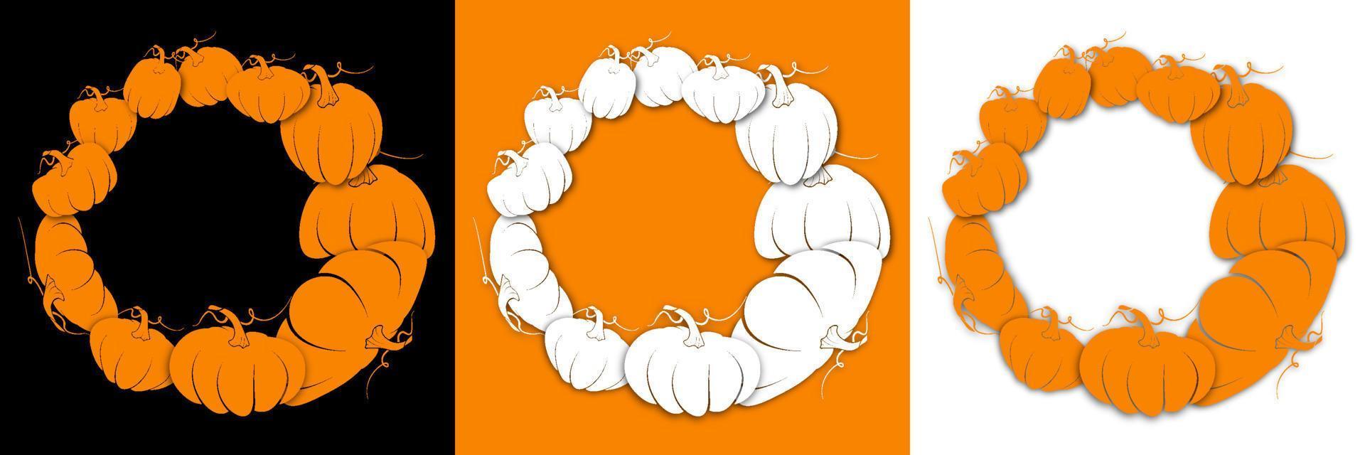 Round frame of pumpkins for Thanksgiving. Postcard, template, layout for festive design. Halloween pumpkins. Easily editable color. Vector