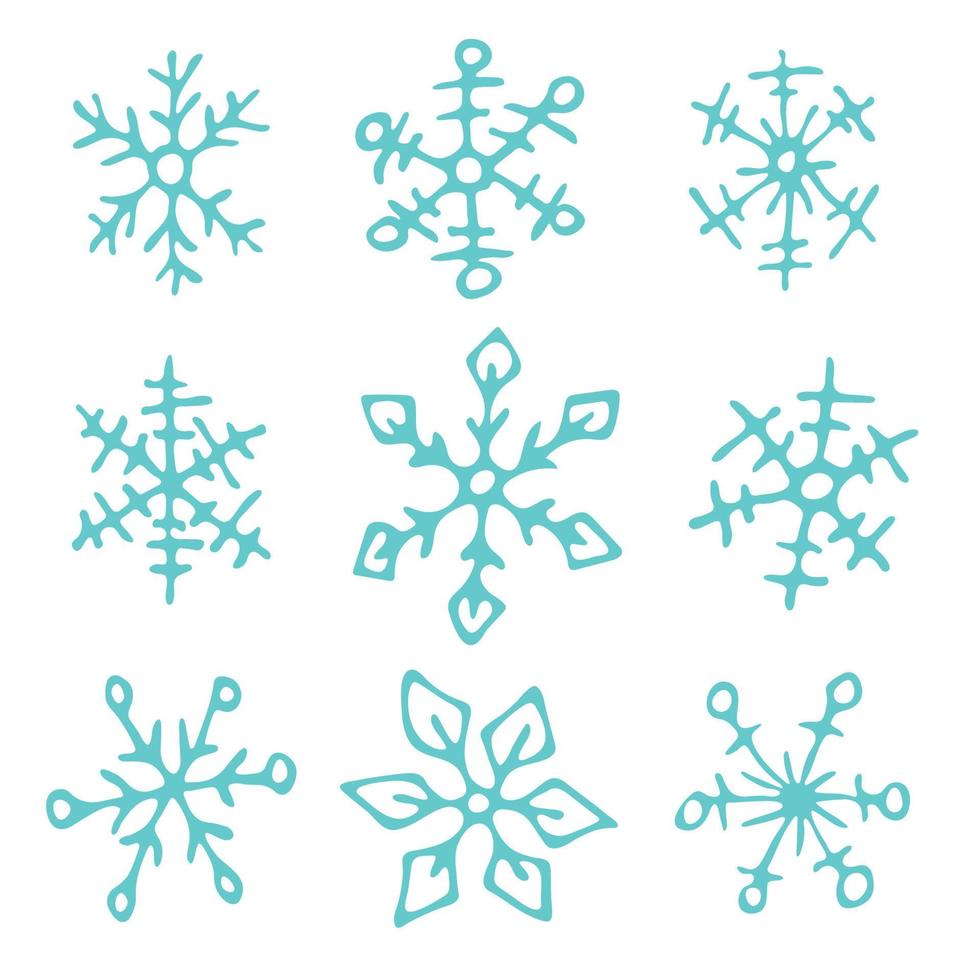 conjunto de lindos copos de nieve dibujados a mano. navidad y año nuevo doodle clipart vector