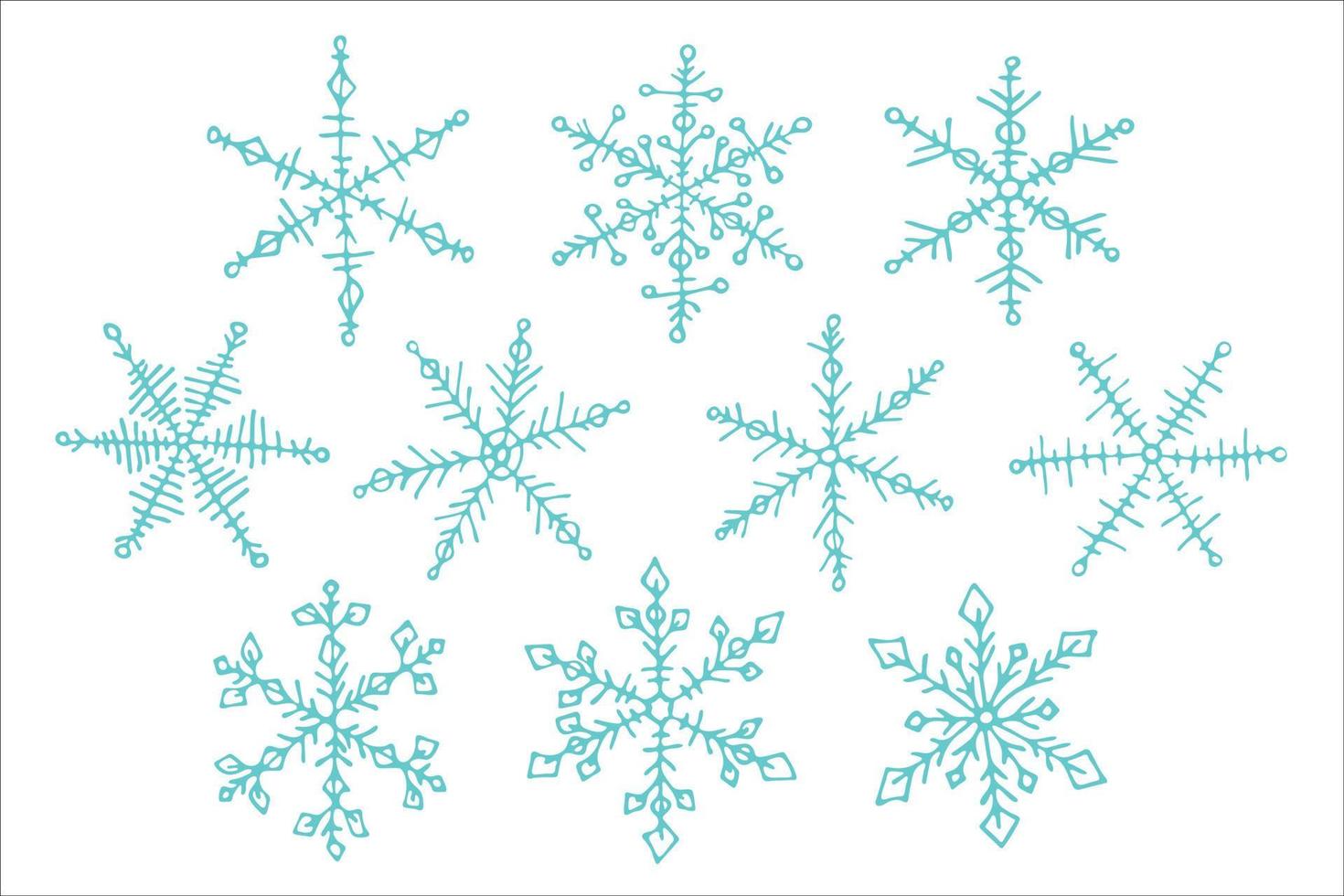 conjunto de lindos copos de nieve dibujados a mano. navidad y año nuevo doodle clipart vector