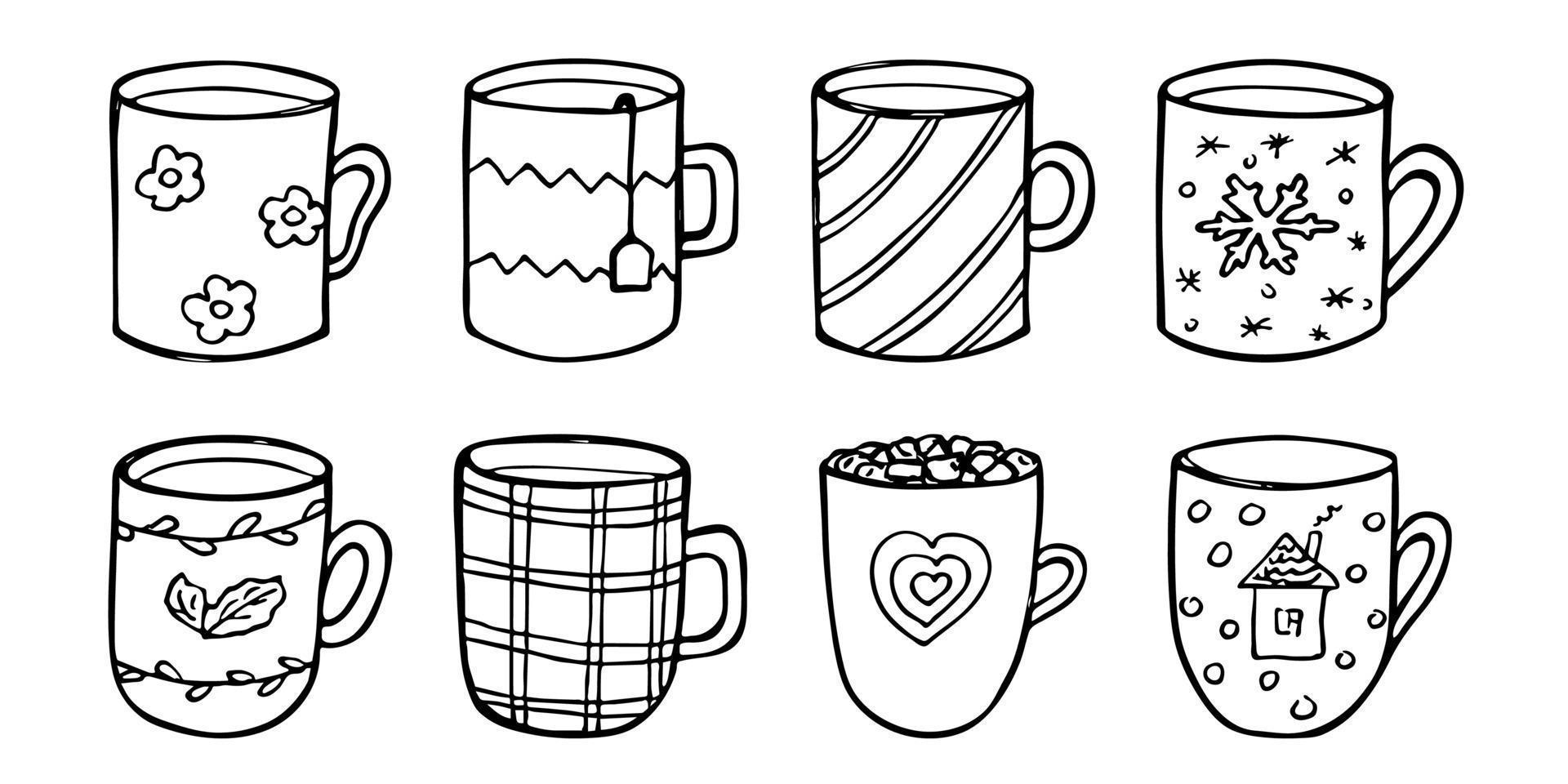 linda taza de té y café ilustración. imágenes prediseñadas de taza simple. acogedor conjunto de garabatos para el hogar vector