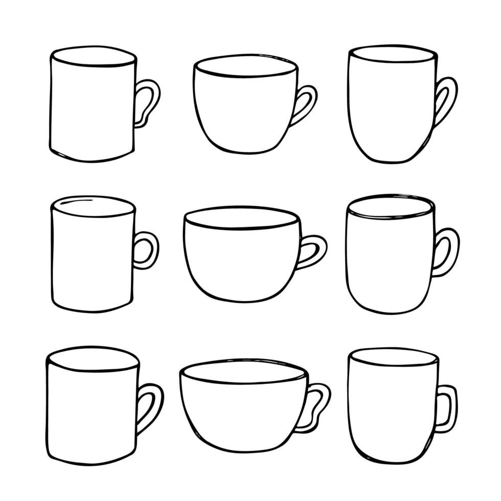 linda taza de té y café ilustración. imágenes prediseñadas de taza simple. acogedor conjunto de garabatos para el hogar vector