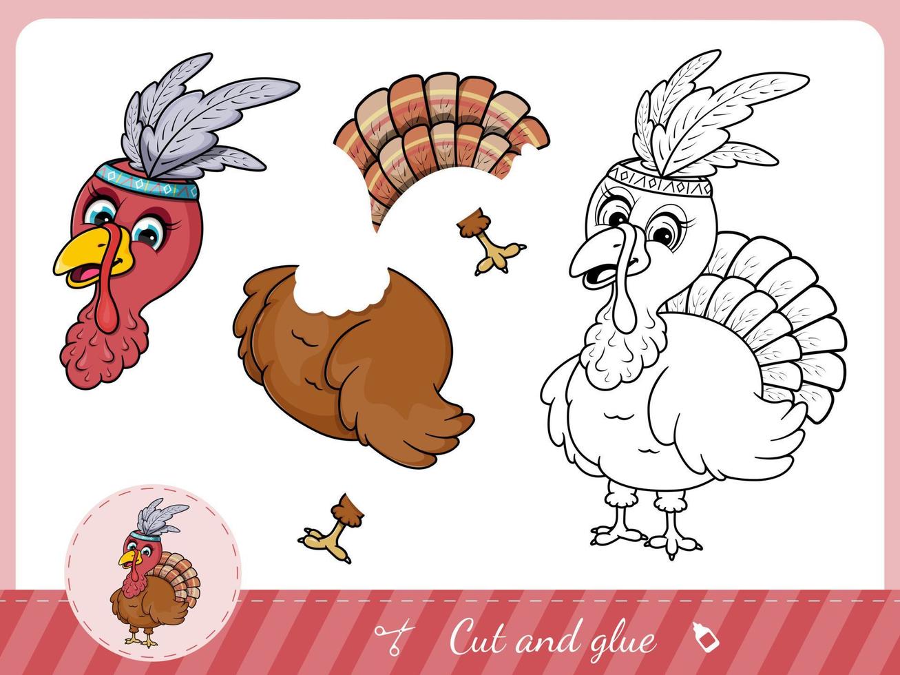 Cut and glue a cartoon turkey vector