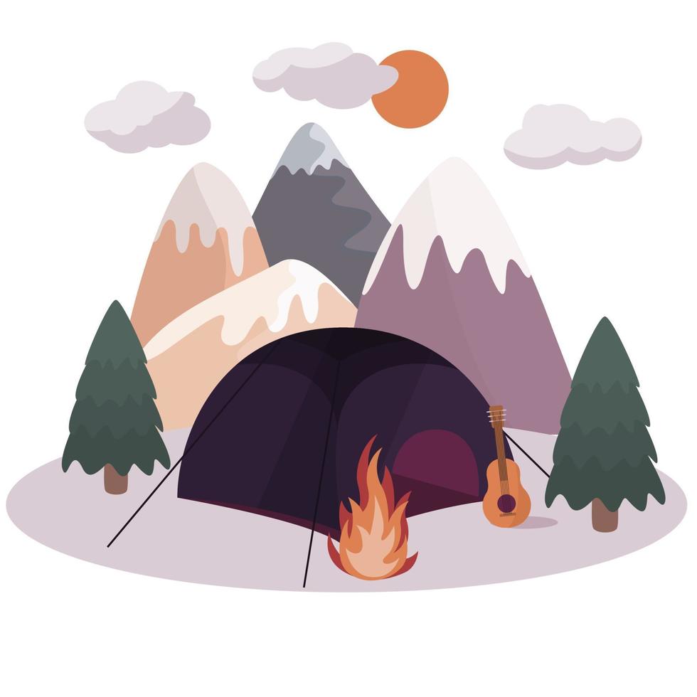 camping with fire and guitar in mountains on sunset vector