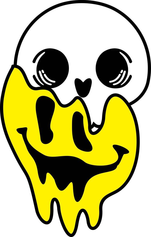 Smiling skull skeleton smiley face. Smiley dripping from the skull, emojis. Retro distorted melting smiley emoji face vector