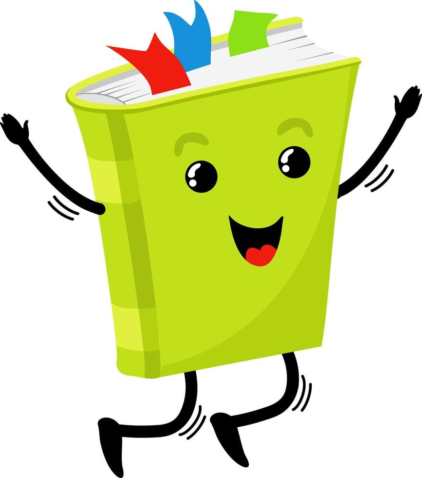 Cute funny textbook character. Smiling happiness human book with legs in jump, cartoon icon vector