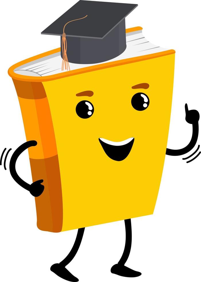 libro de texto kawaii. personaje de libro divertido. libro de graduación de maestro y sombrero. lindo personaje de libro de texto, aprendizaje divertido vector