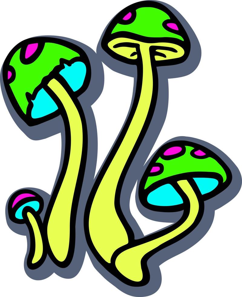 Neon mushrooms sticker. Neon glowing toadstool group. Psychedelic hipster element. Fairytale fungi plant with hallucinogen effect single sticker vector