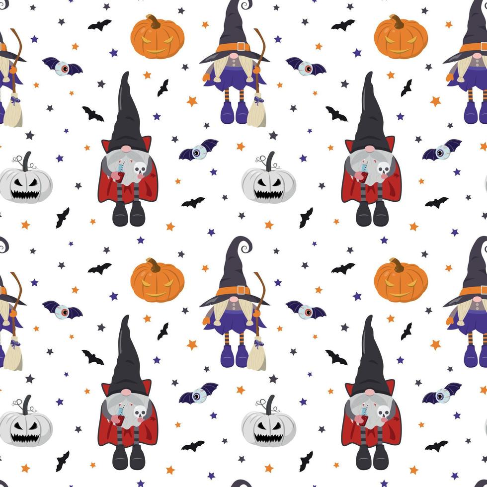 Cartoon Halloween gnomes in vampire and witch costumes with pumpkin lanterns, bats, and stars. Vector seamless pattern. Isolated on white background. Spooky holiday background.