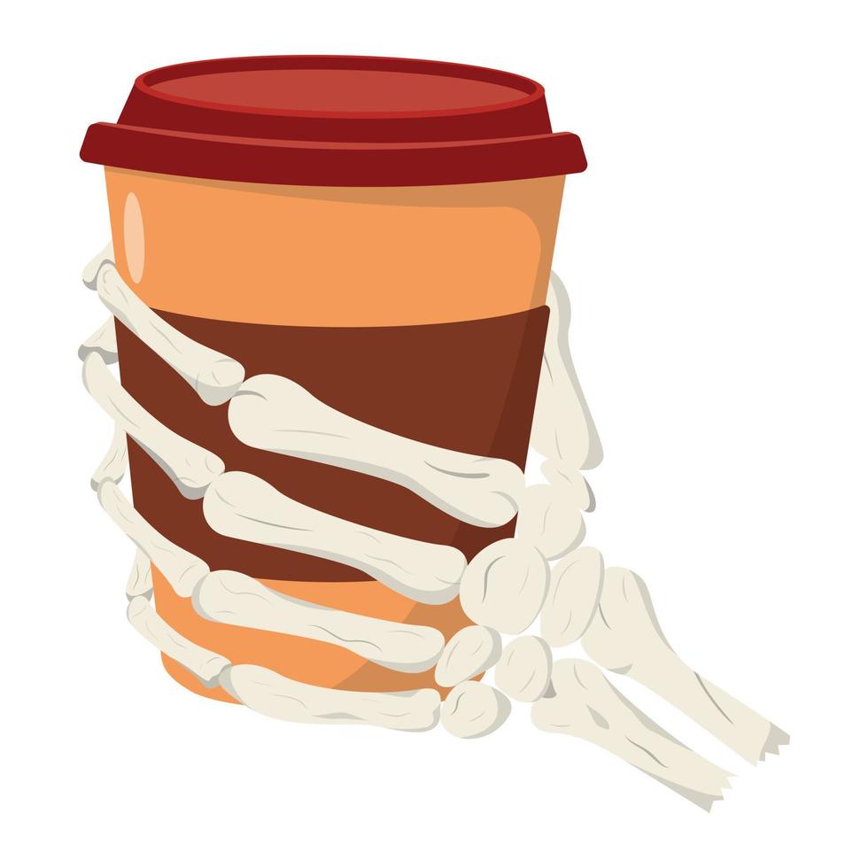 mano esquelética sosteniendo una taza de ilustración de café. aislado sobre fondo blanco. vector