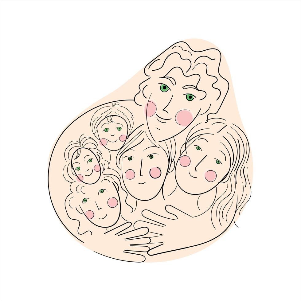 Warm family hugs. The father envelops and protects his entire family. Linear art with color details vector