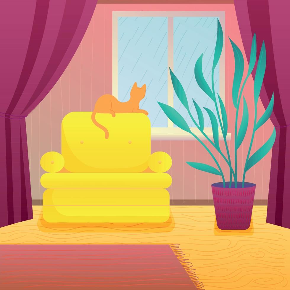 Bright yellow chair by the window in the living room. Very warm and cozy corner with an armchair, flowerpot, carpet and curtains. A cat sits on a chair and looks out the window at the rain. vector
