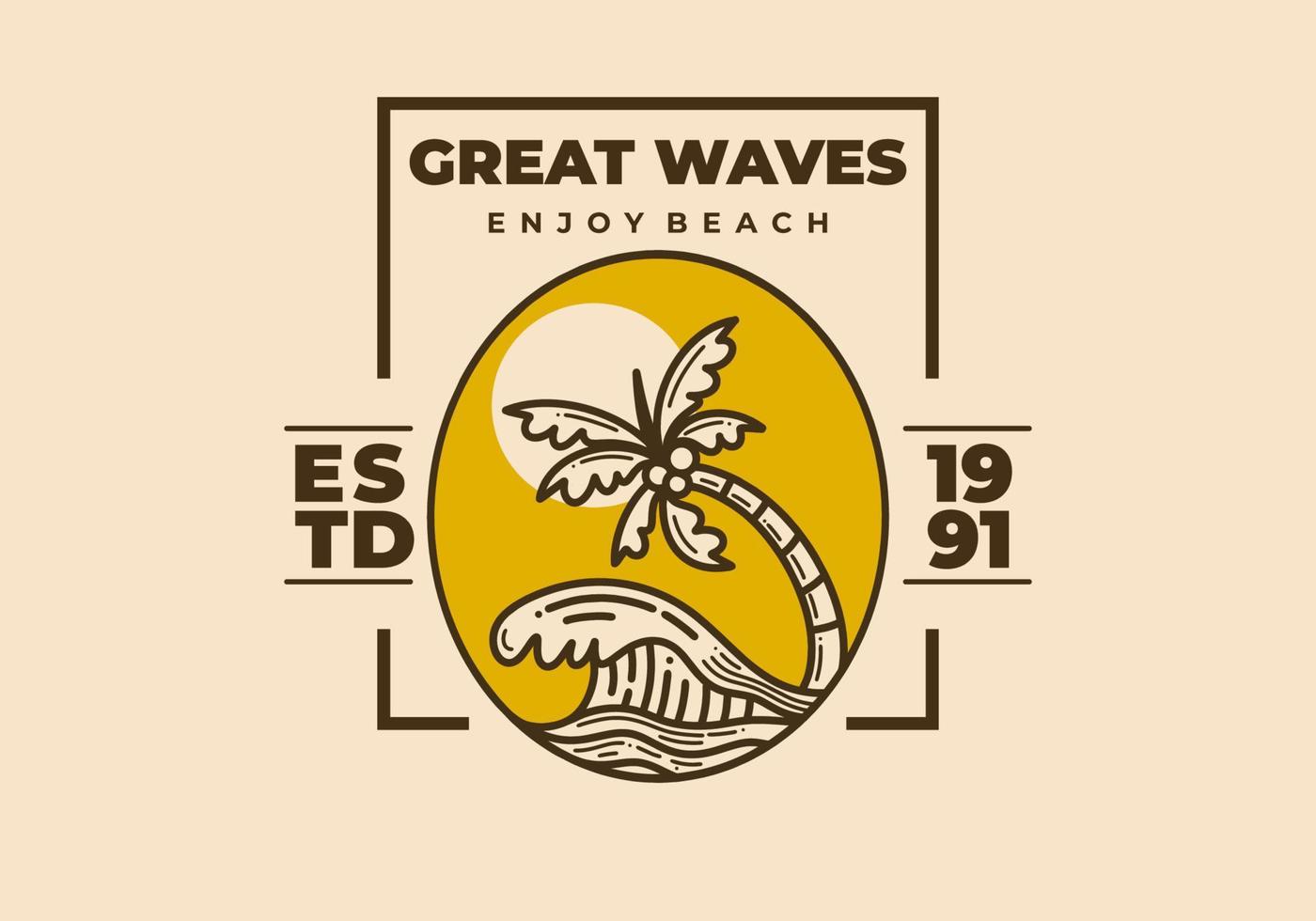 ilustración de arte retro de olas de playa y cocotero vector