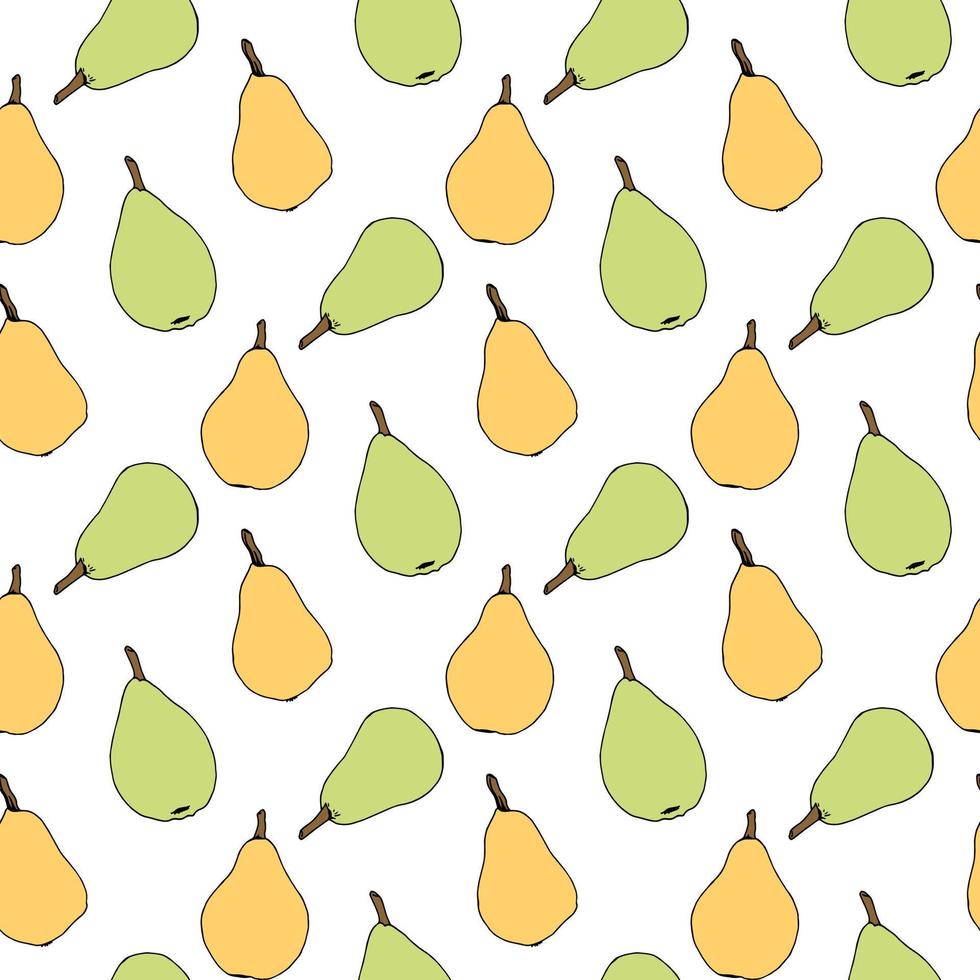 Seamless pattern with green and yellow pears on white background. Vector image.