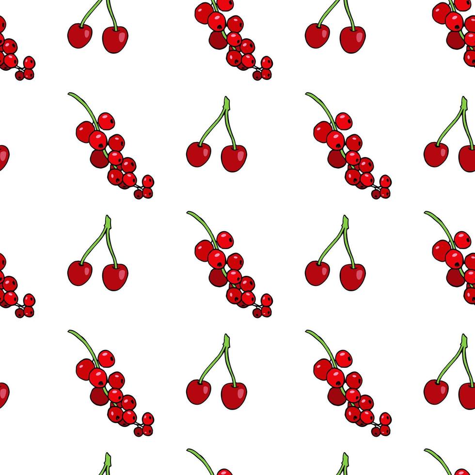 Seamless pattern with red currant and cherry on white background. Vector image.