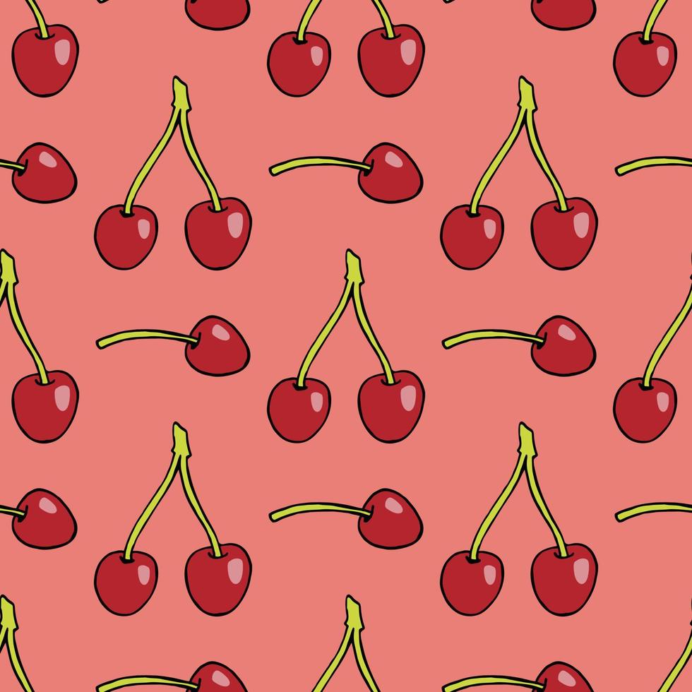 Seamless pattern with cherry on warm pink background. Vector image.