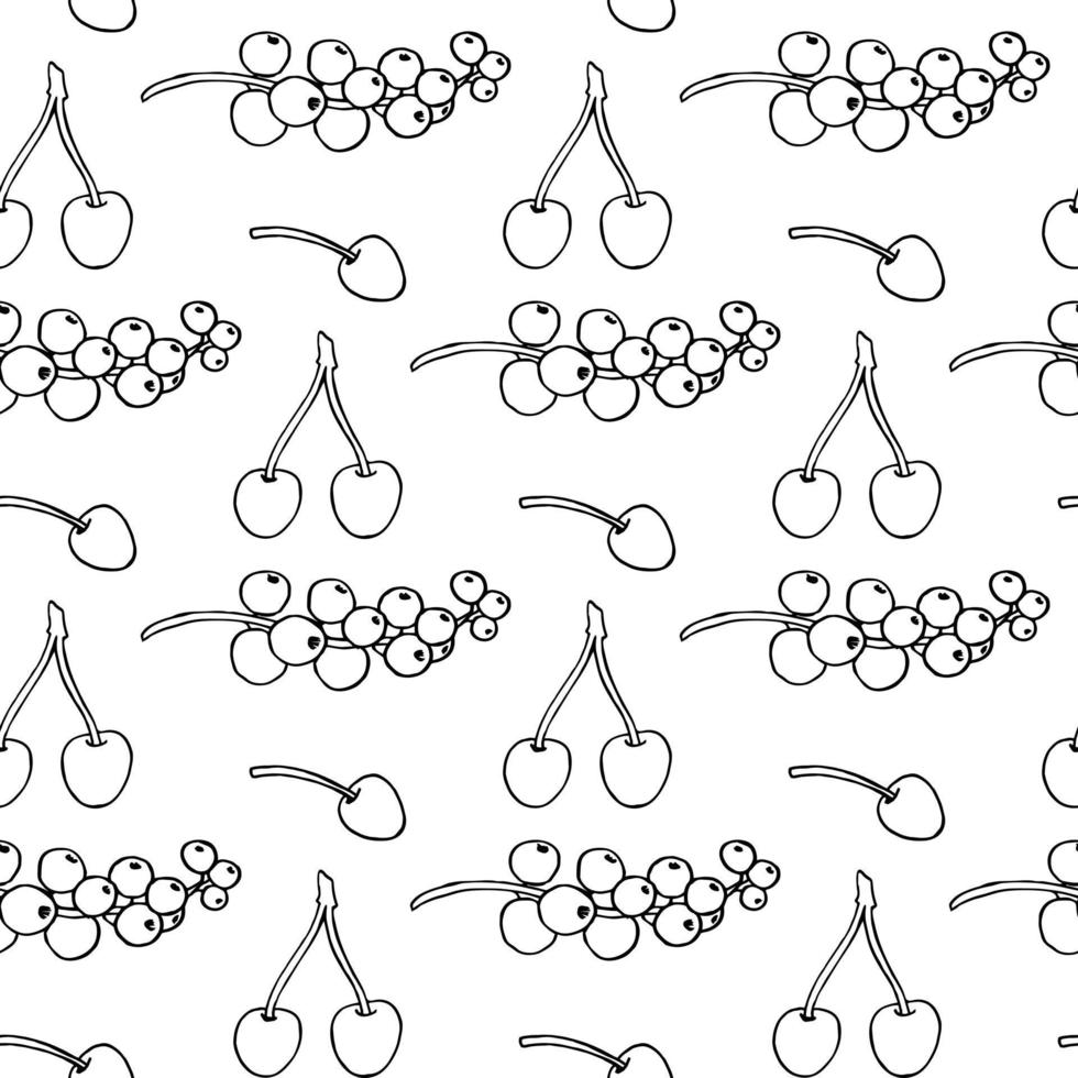 Seamless pattern with black-and-white currant and cherry on white background. Vector image.