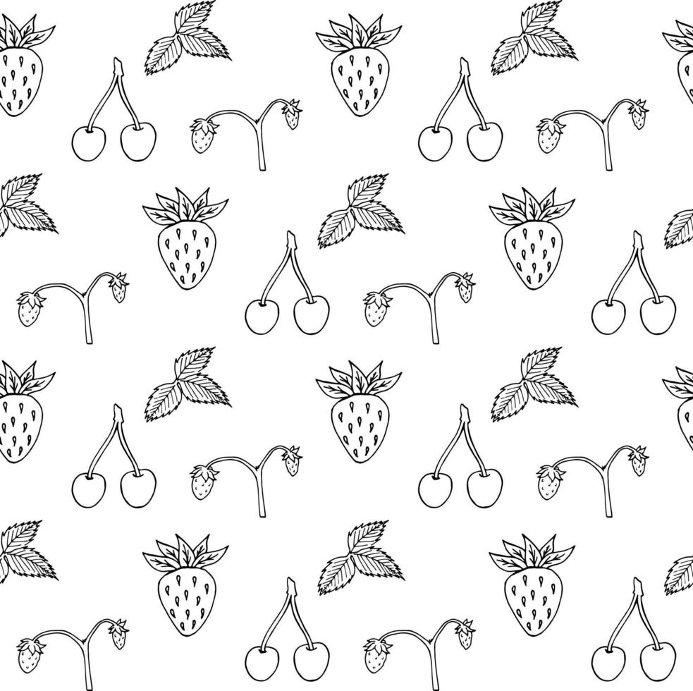 Seamless pattern with black-and-white cute cherry and strawberries on white background. Vector image.