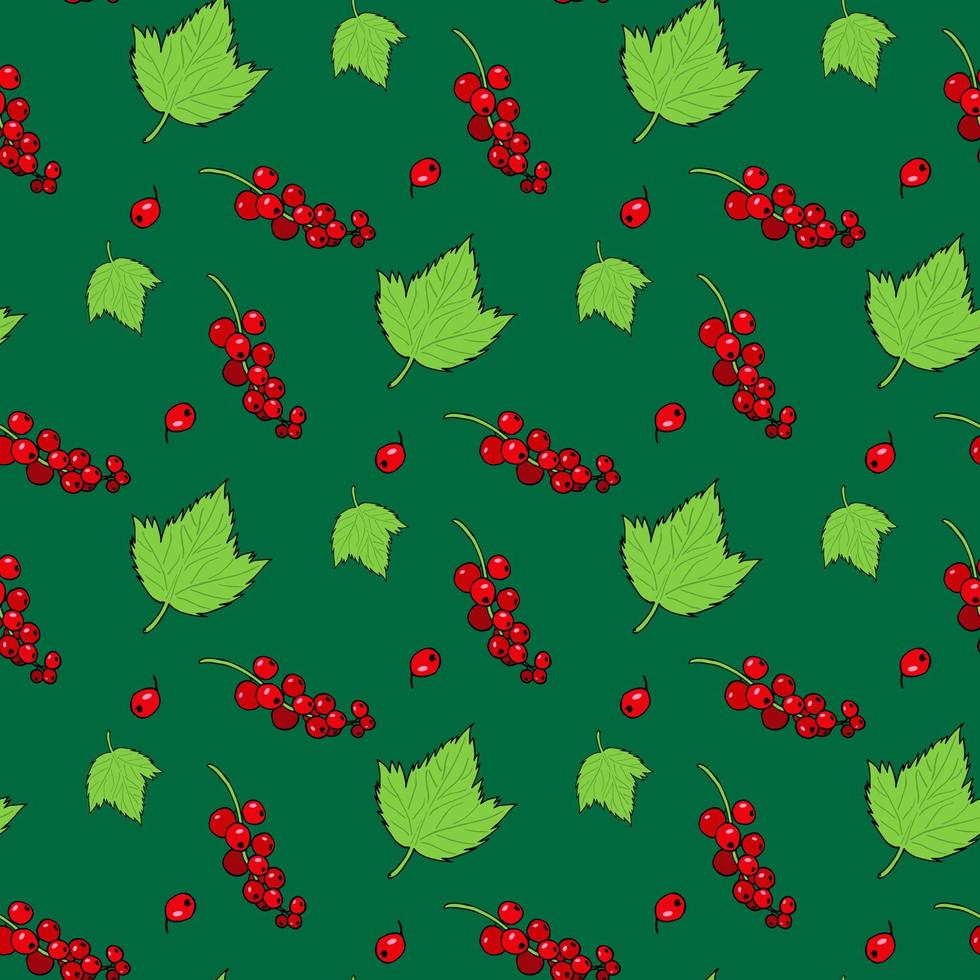 Seamless pattern with red currant and its leaves on bright green background. Vector image.