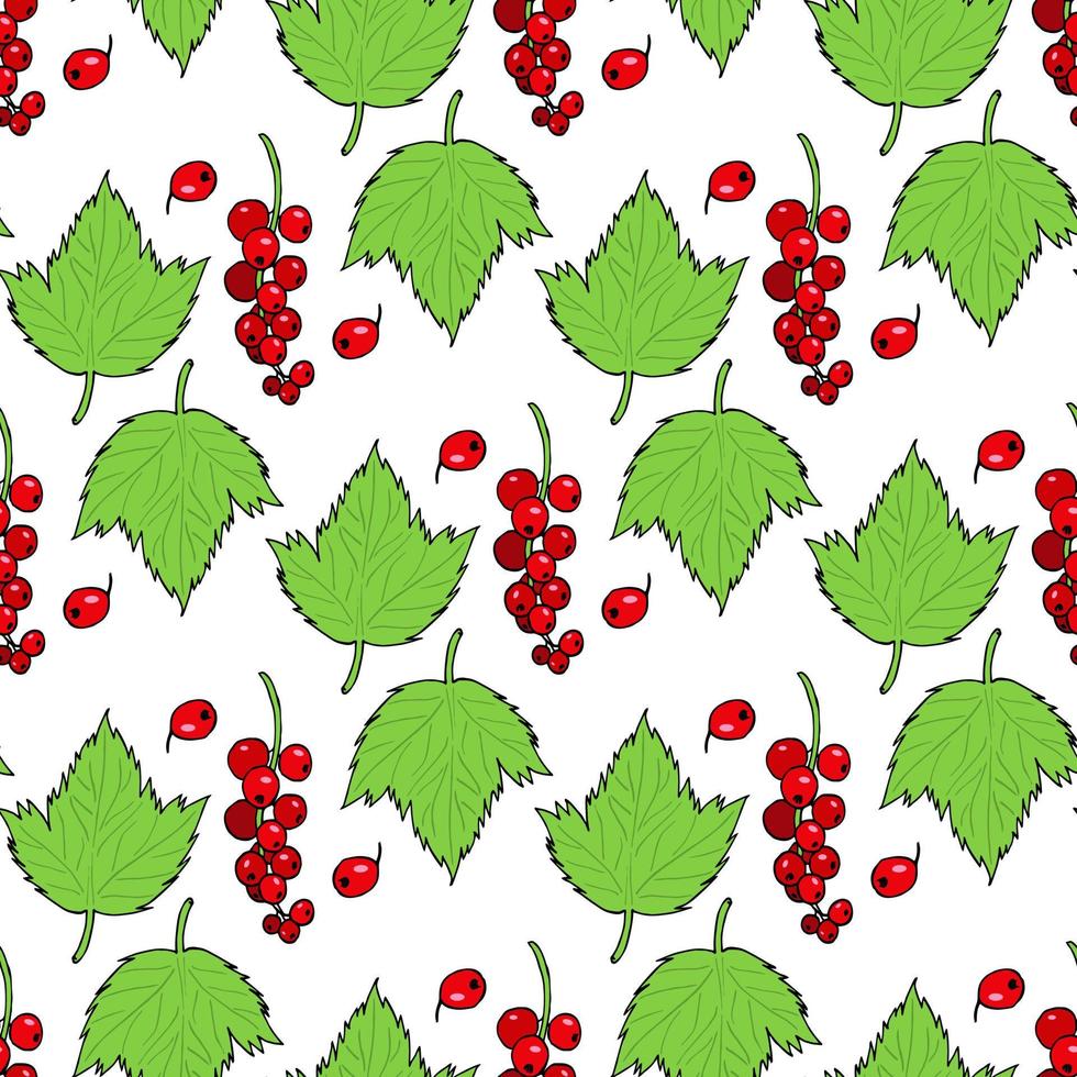 Seamless pattern with red currant and its leaves on white background. Vector image.