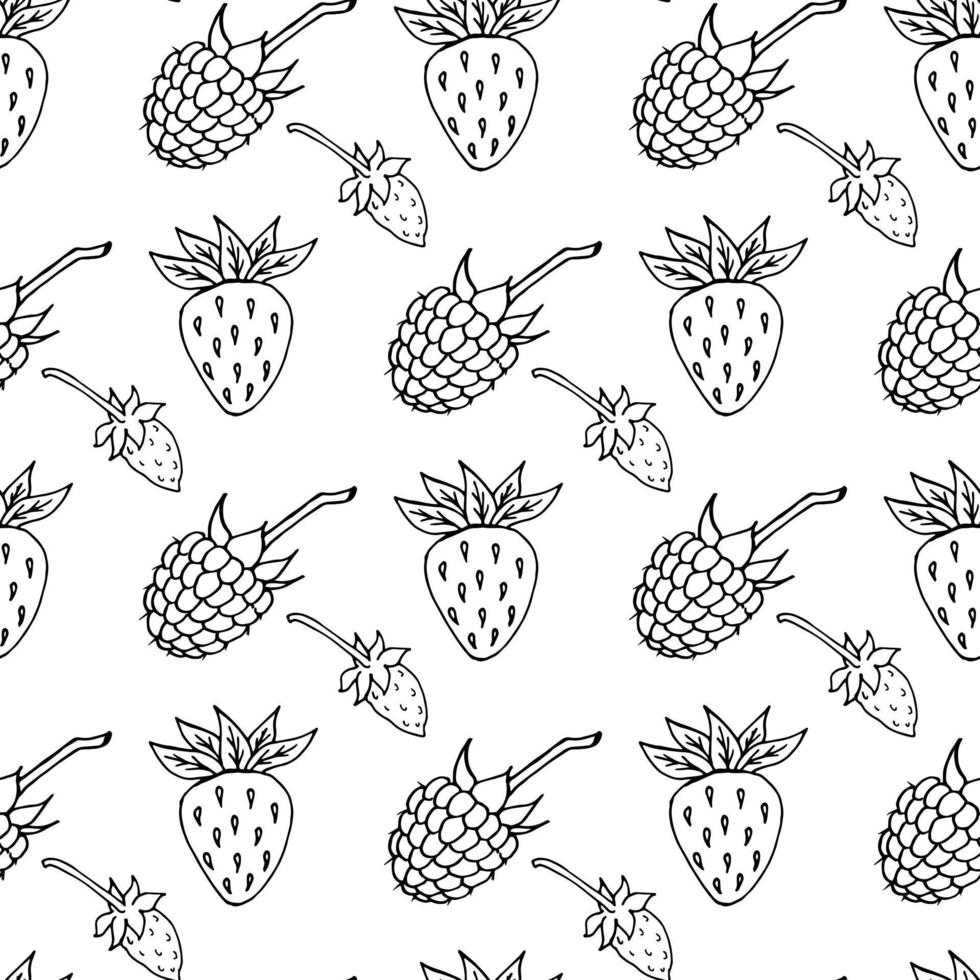 Seamless pattern with black-and-white strawberry and raspberry on white background. Vector image.