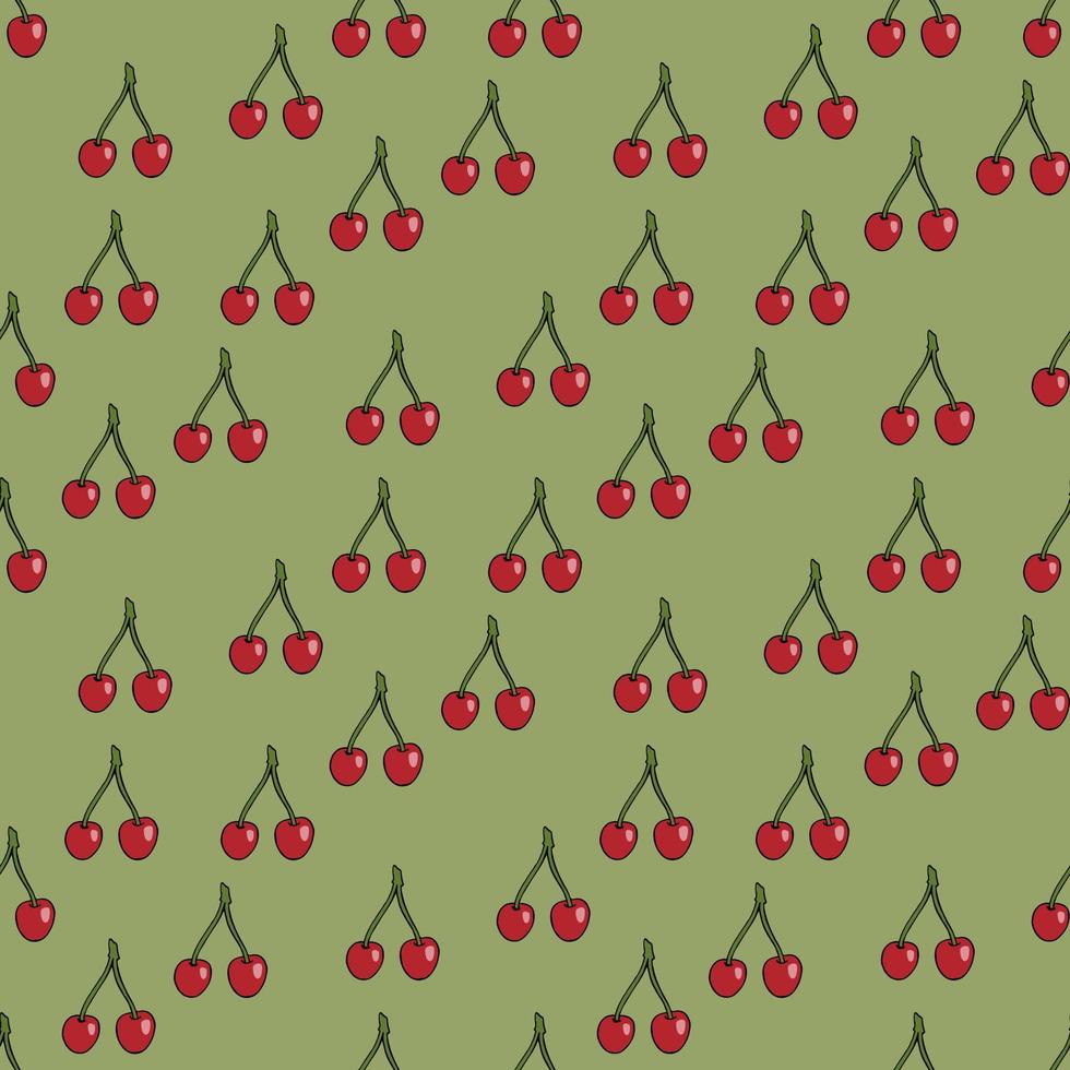 Seamless pattern with simple cherries on green background. Vector image.