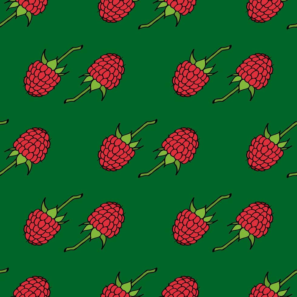 Seamless pattern with raspberry on green background. Vector image.