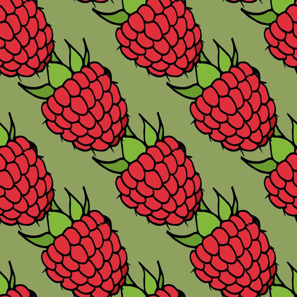 Seamless pattern with sweet raspberry on green background. Vector image.