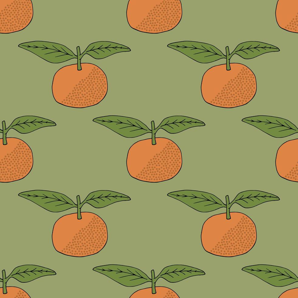 Seamless pattern with tangerine on discreet green background. Vector image.