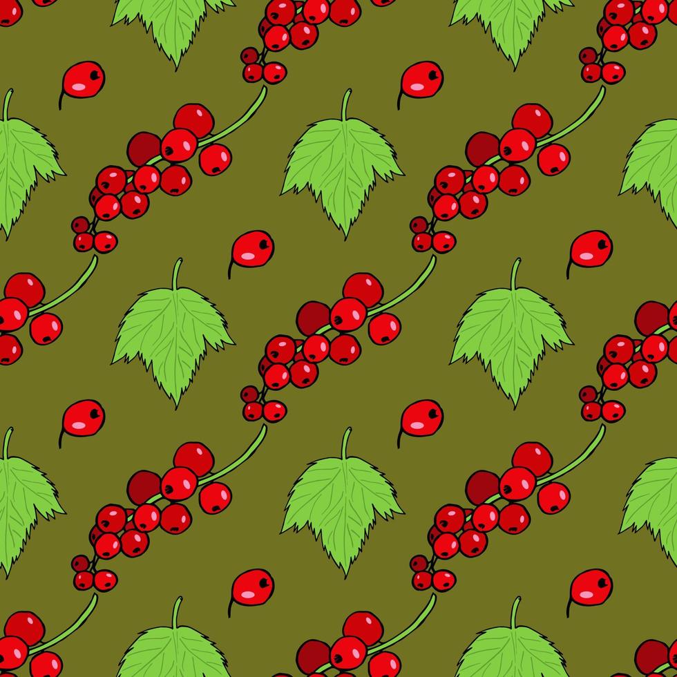 Seamless pattern with red currant and its leaves on dark green background. Vector image.