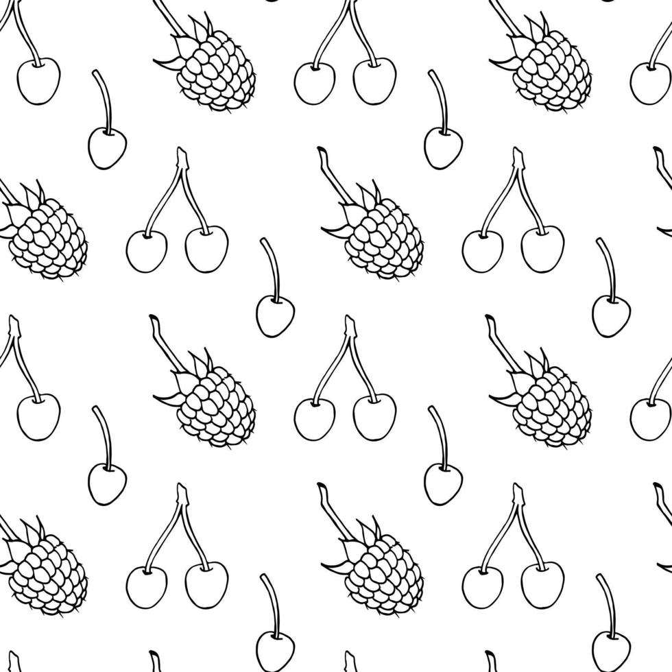 Seamless pattern with black-and-white cherry and raspberry on white background. Vector image.