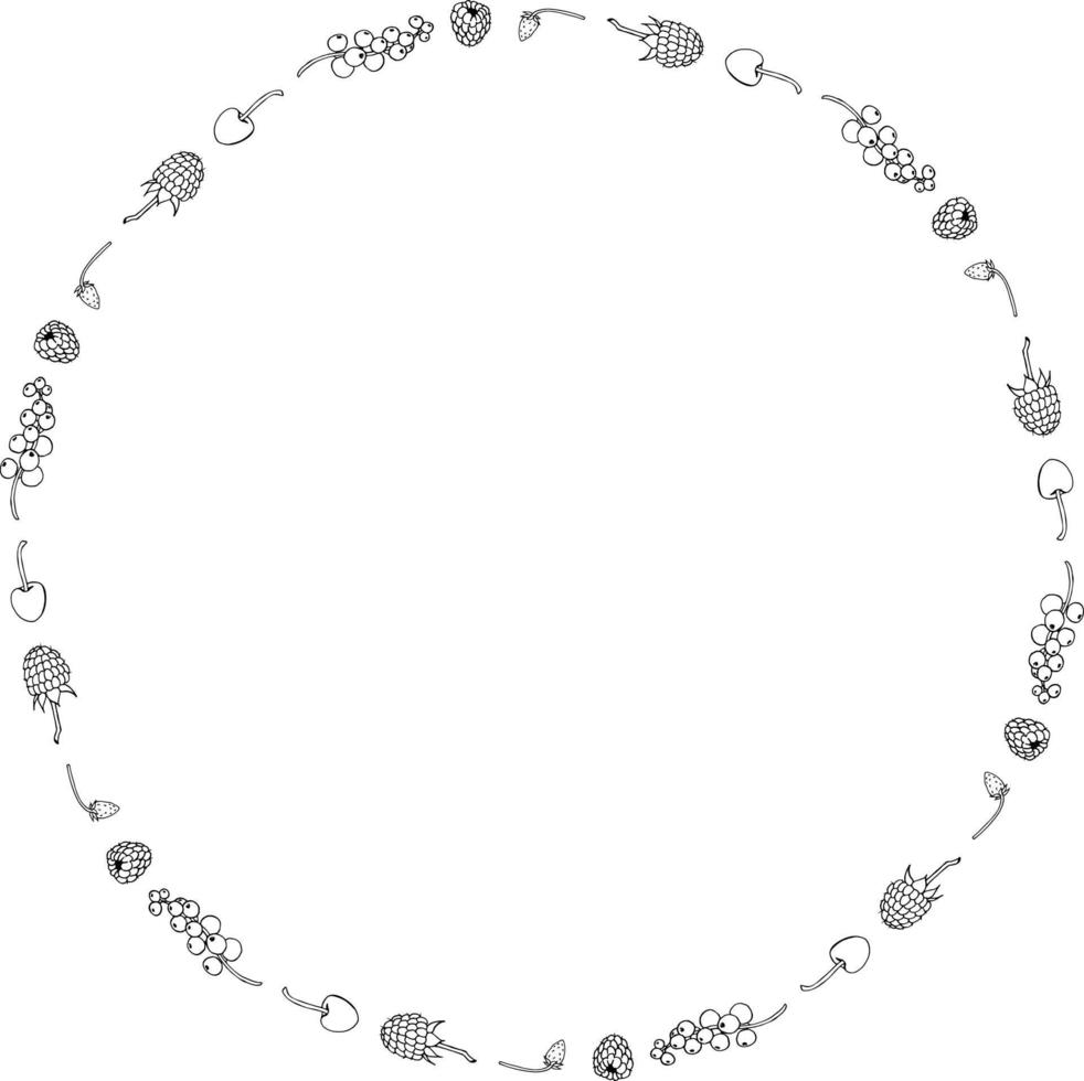 Round frame with black-and-white raspberry, currant, wild strawberries and  cherry on white background. Vector image.
