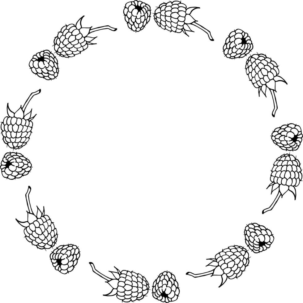 Round frame with black-and-white raspberry on white background. Vector image.