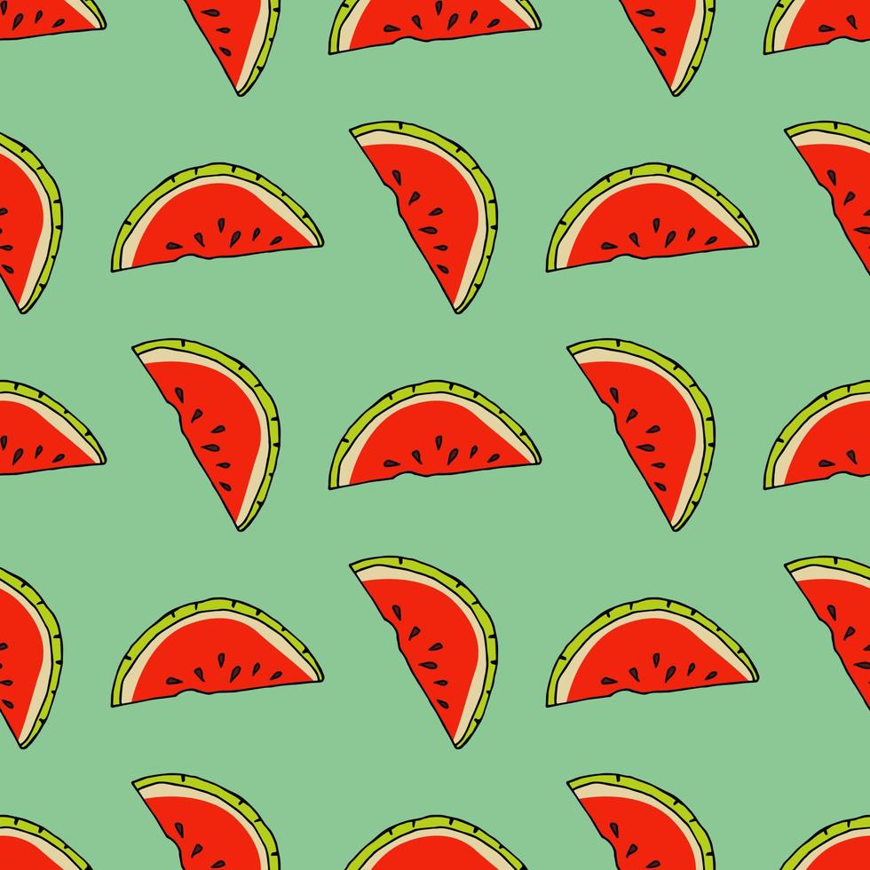 Seamless pattern with watermelon on light green background. Vector image.