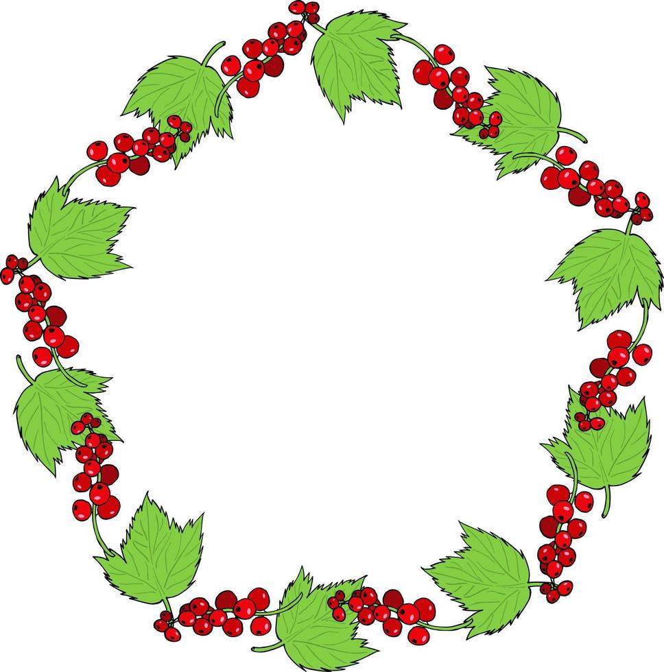 Round frame with red currant and leaves on white background. Vector image.