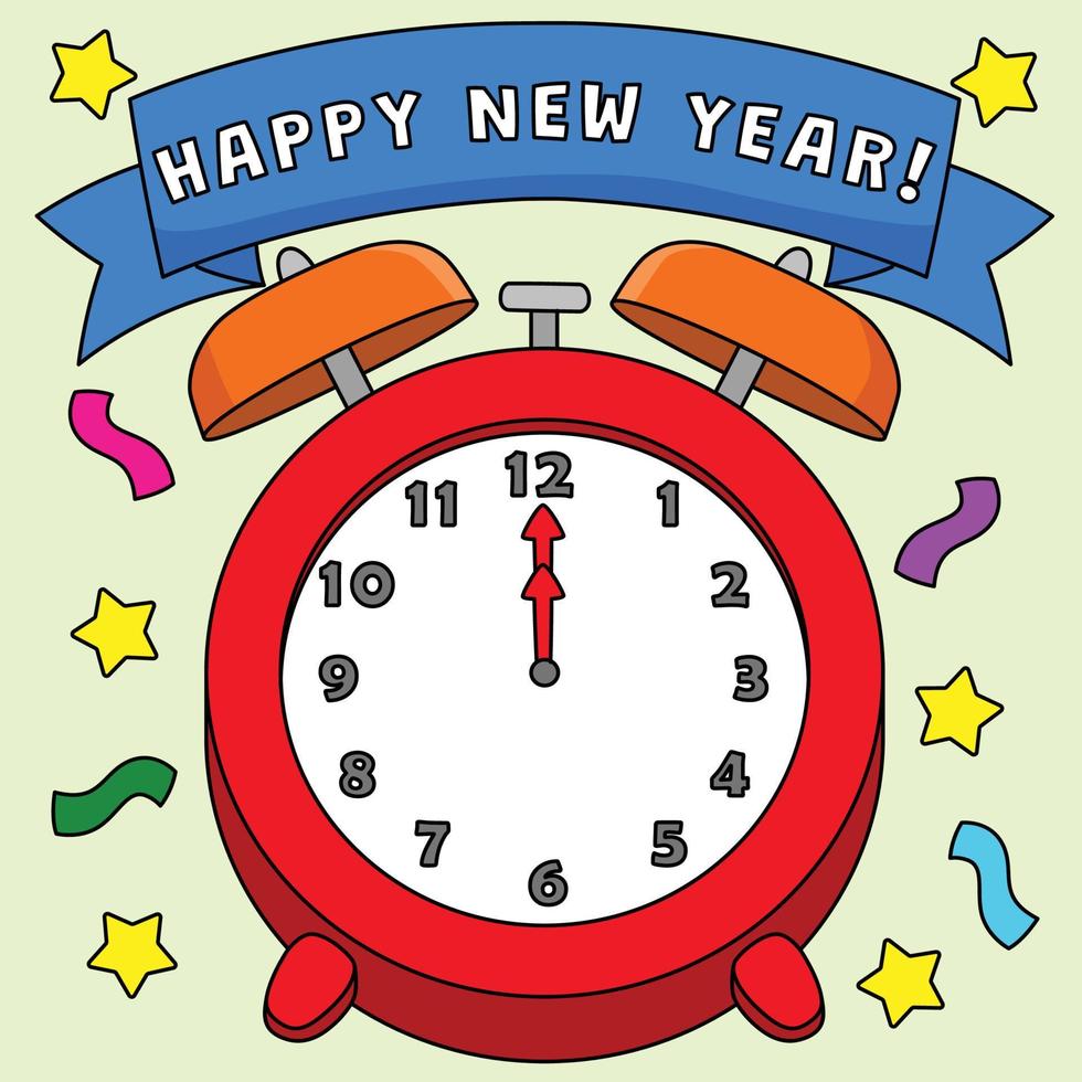 feliz año nuevo reloj color ilustración de dibujos animados vector