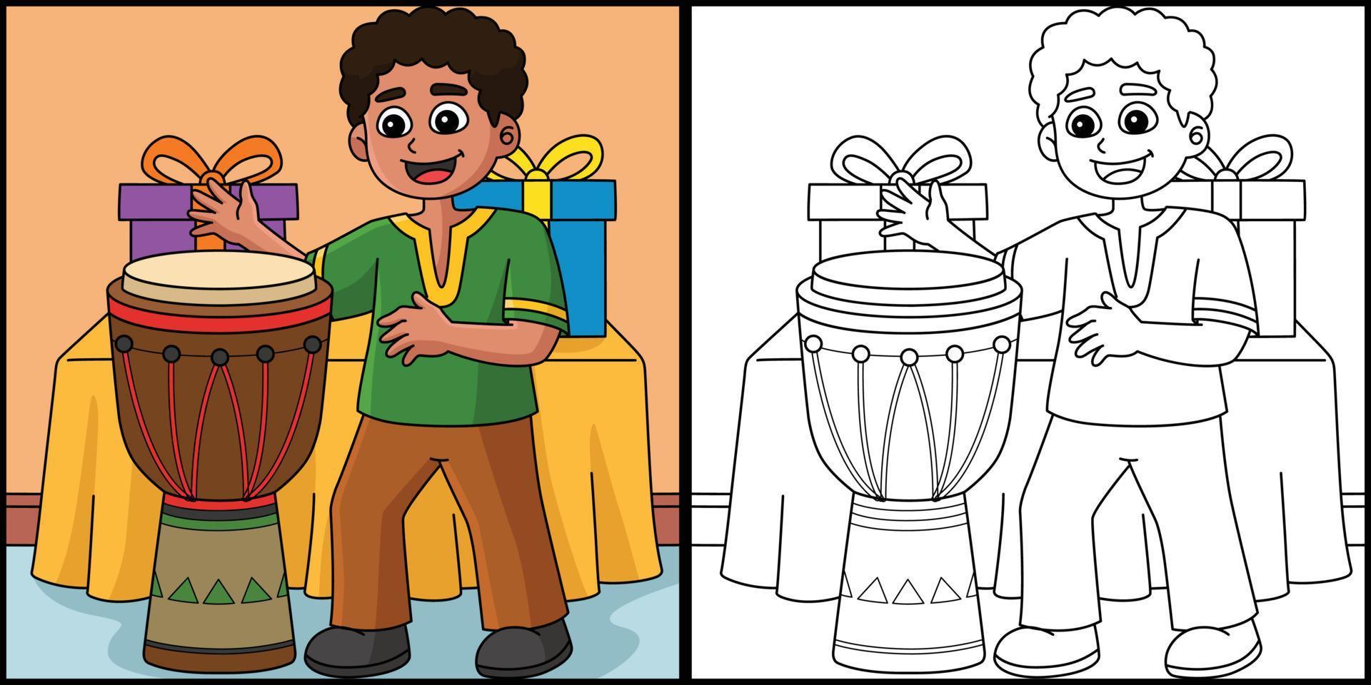 Kwanzaa Boy Playing Djembe Coloring Illustration vector