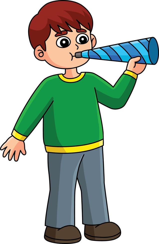 niño soplando año nuevo trompeta cartoon clipart vector