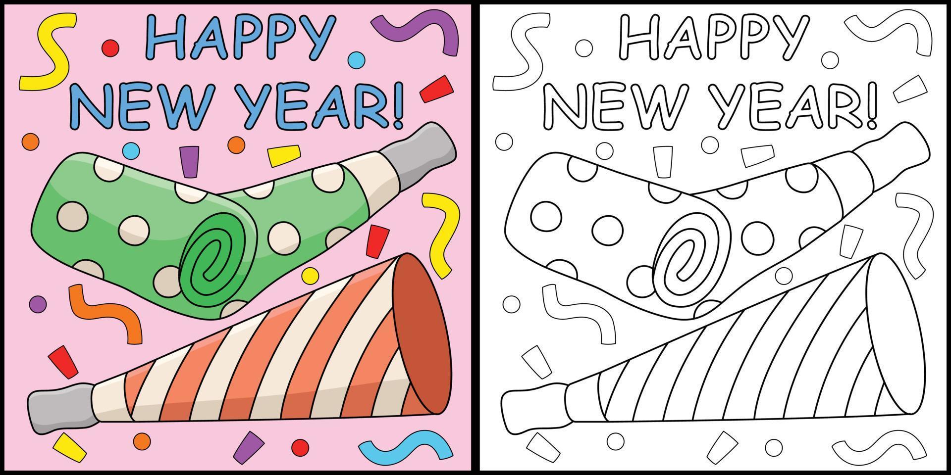 feliz año nuevo trompeta para colorear página ilustración vector