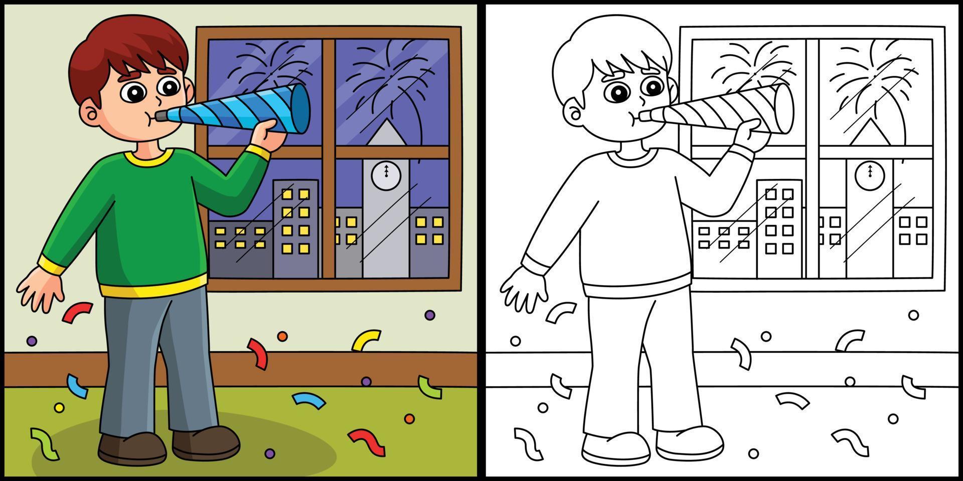 niño celebrando año nuevo para colorear ilustración vector