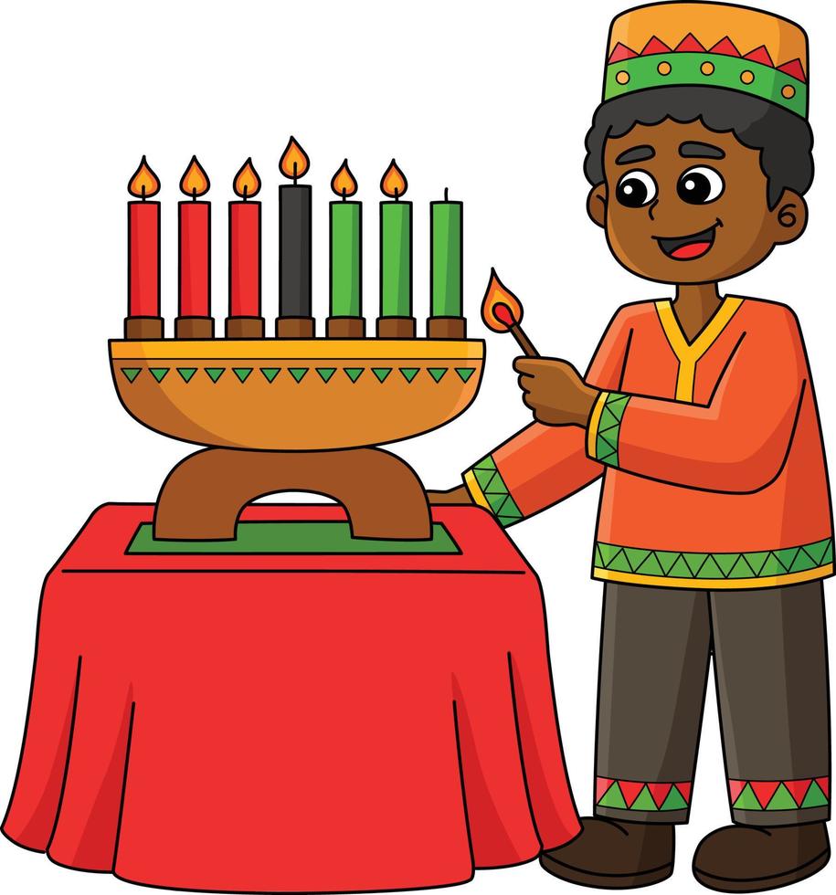 Kwanzaa Boy Lighting Kinara Cartoon Clipart vector