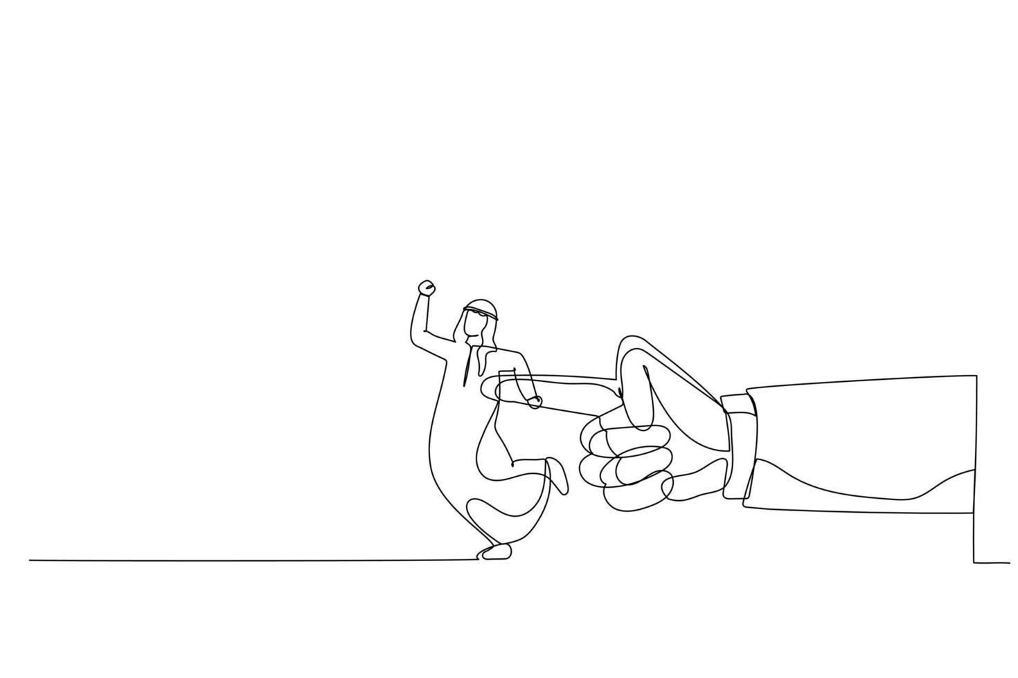 Cartoon of giant hand pushing arab man. Metaphor for giving the push at work. Continuous line art style vector